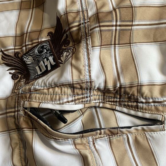 Lost Enterprises Board Shorts Plaid Crown Wings Embroidered Patches Men's Sz 36 - Picture 6 of 9